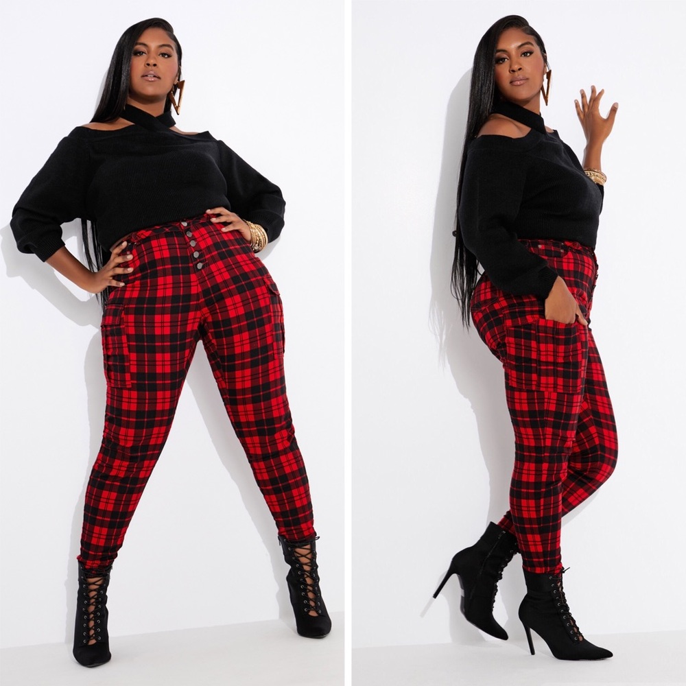 Ashley Stewart The Kennedy Pant Plaid Button Fly Cargo Pants Skinny Stretch NWT